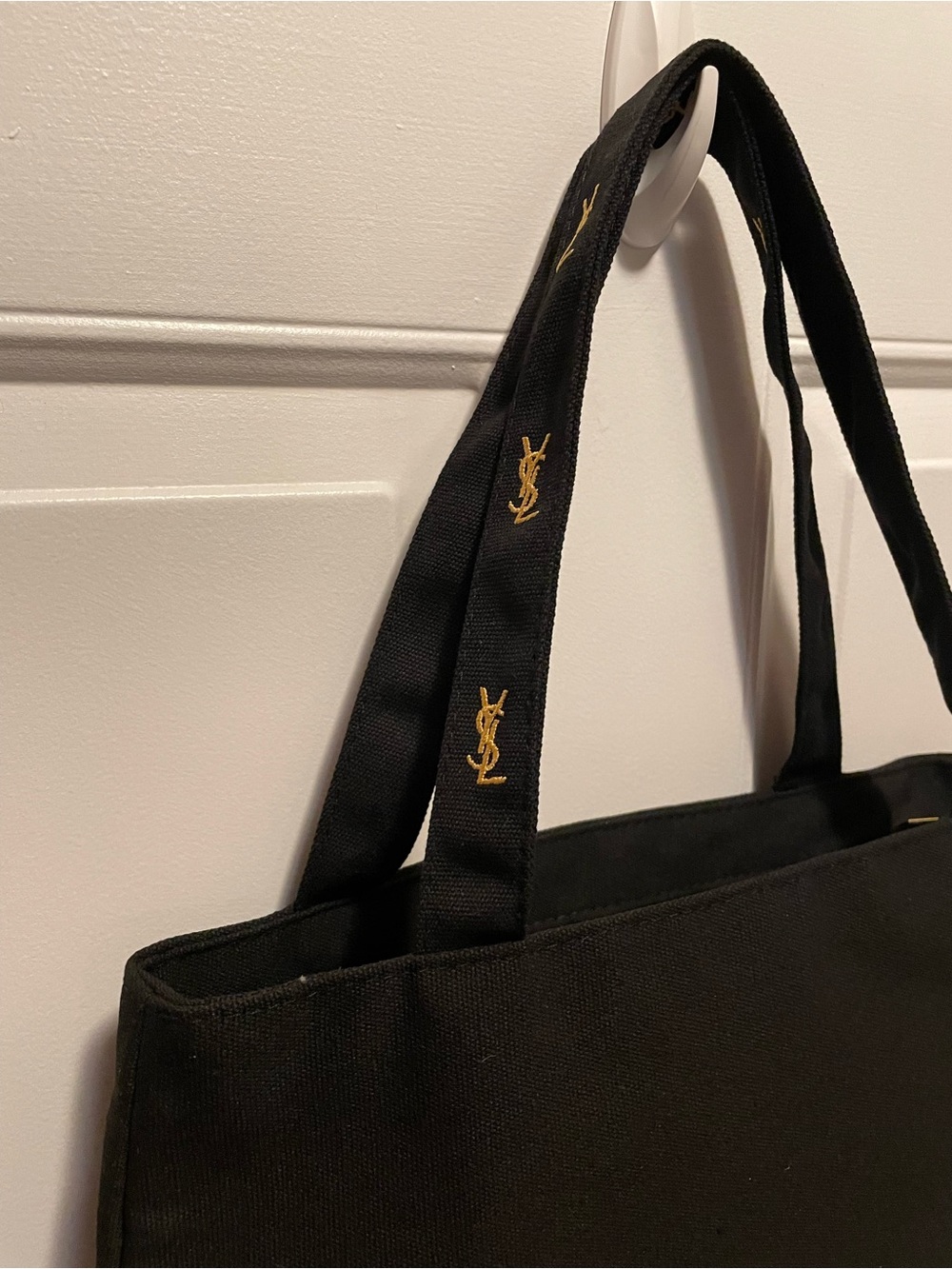 YSL design Black Canvas Tote Bag with Gold embroidered Logo - Picture 4 of 7